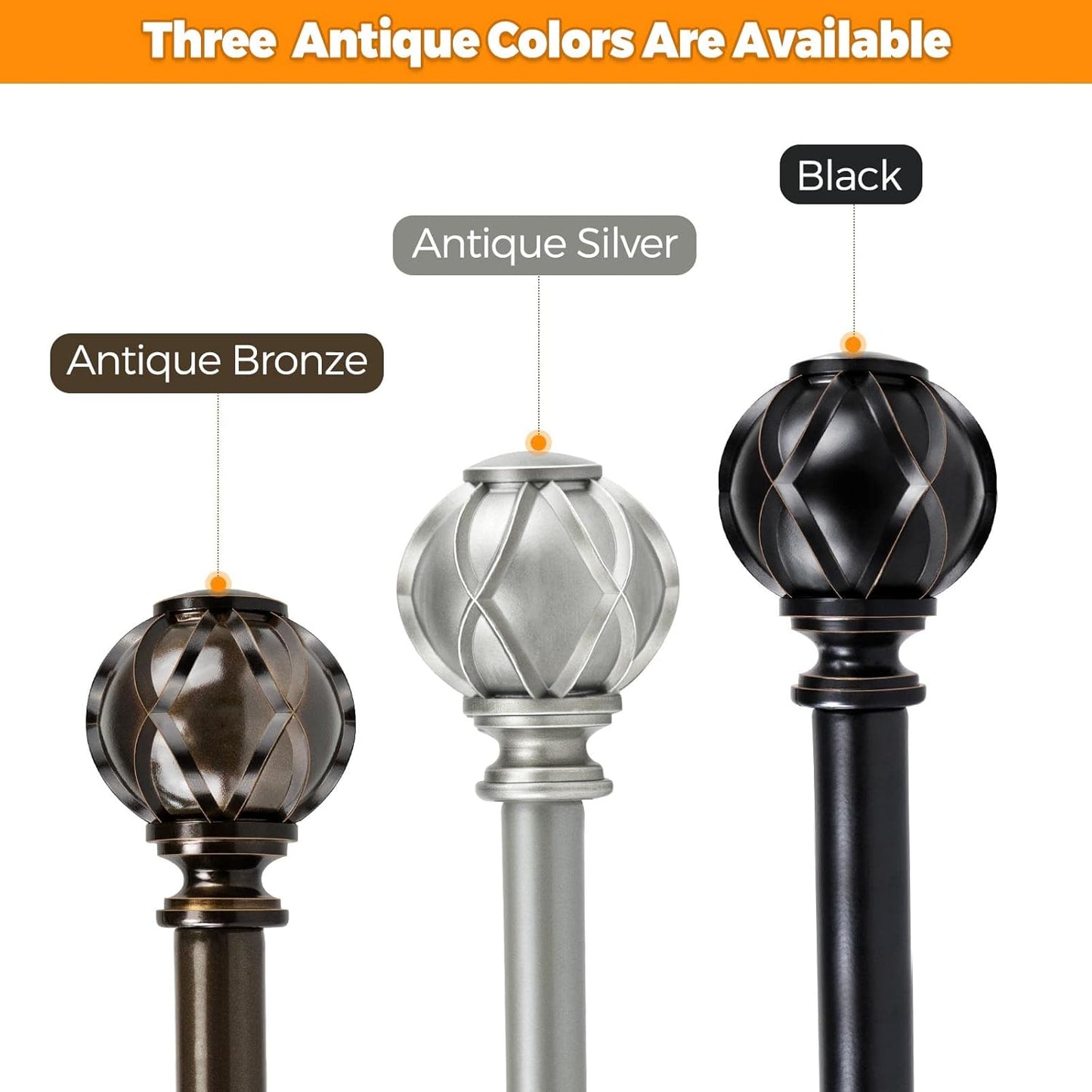 Silver Decorative Curtain Rod Finials Set
